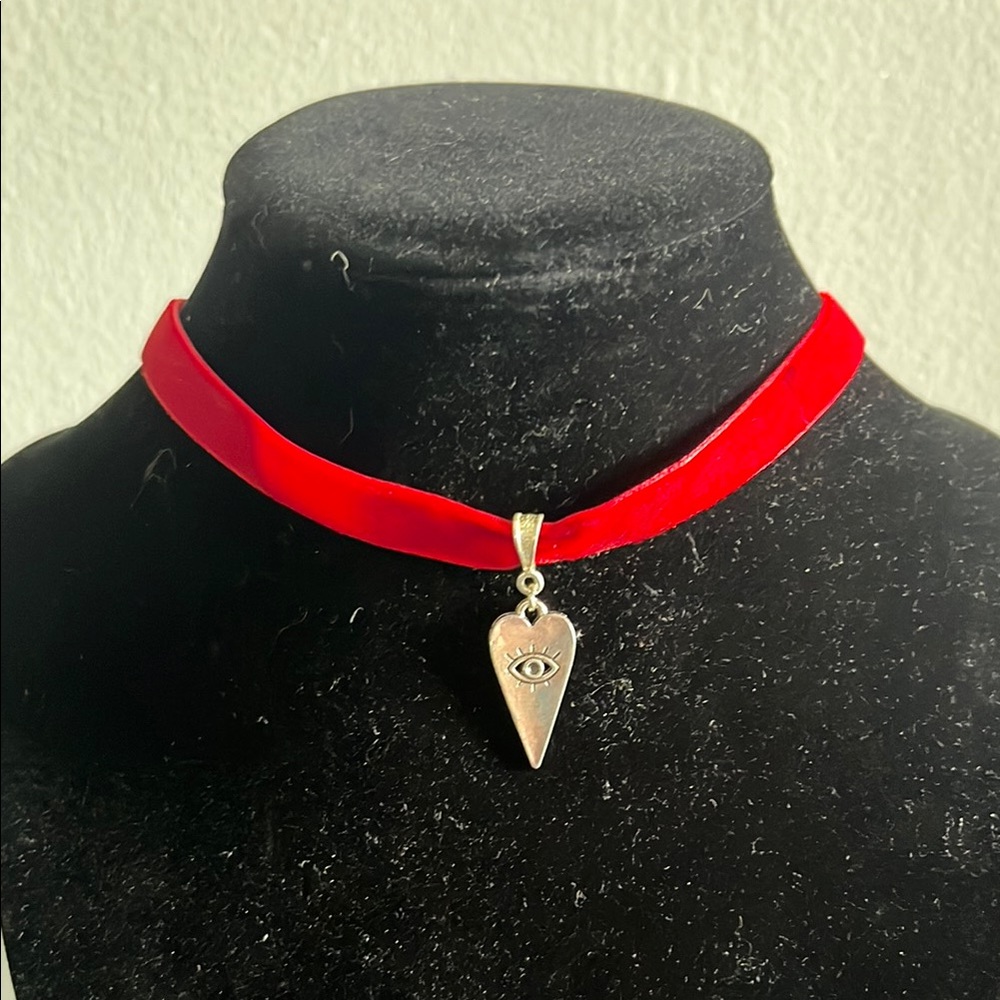 Red Velvet Choker Necklace with Silver Eye Pendant